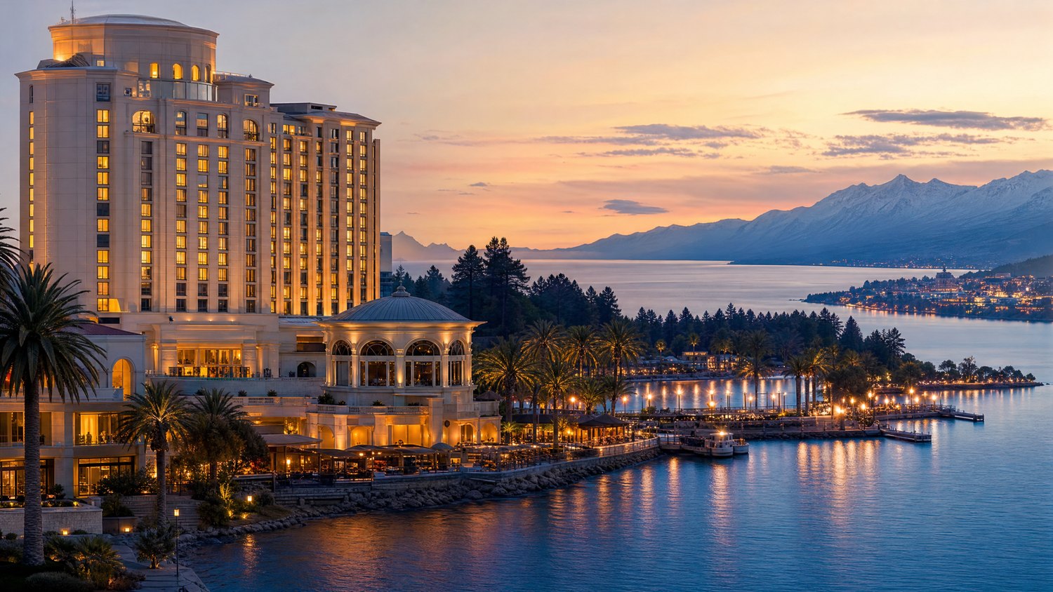 A coastal resort tower glowing beside calm bay water at dusk.