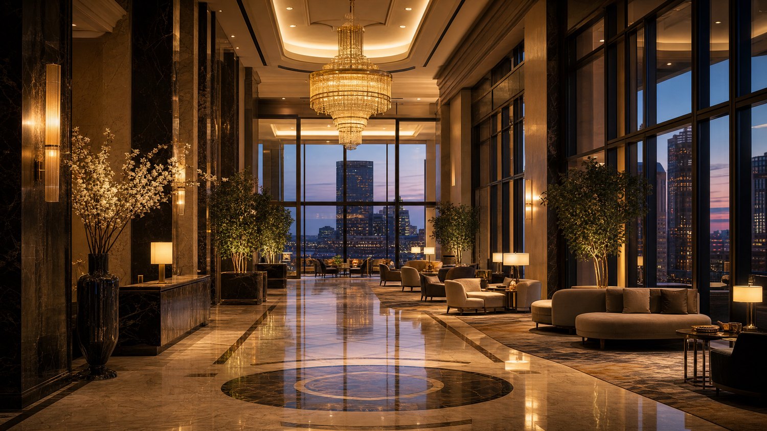 A refined hotel lobby with warm lighting and a city skyline at twilight.