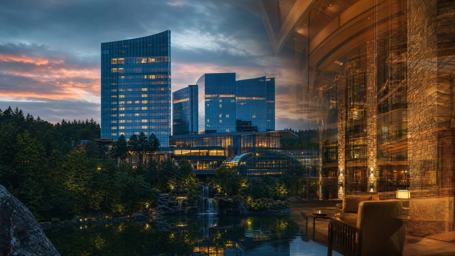 Glass resort towers and warm atrium light in a wooded New England setting.