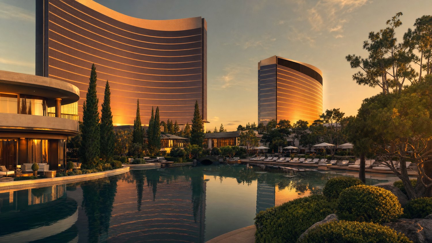 A refined twin-tower resort beside a garden pool at golden hour.